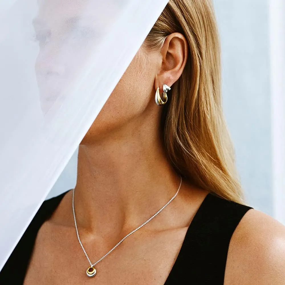 18K Two-tone Gold Silver Curve Earrings for Women | Light Weight Italian Design Click Top Pearl Dainty Huggie Hoop Earrings for Women