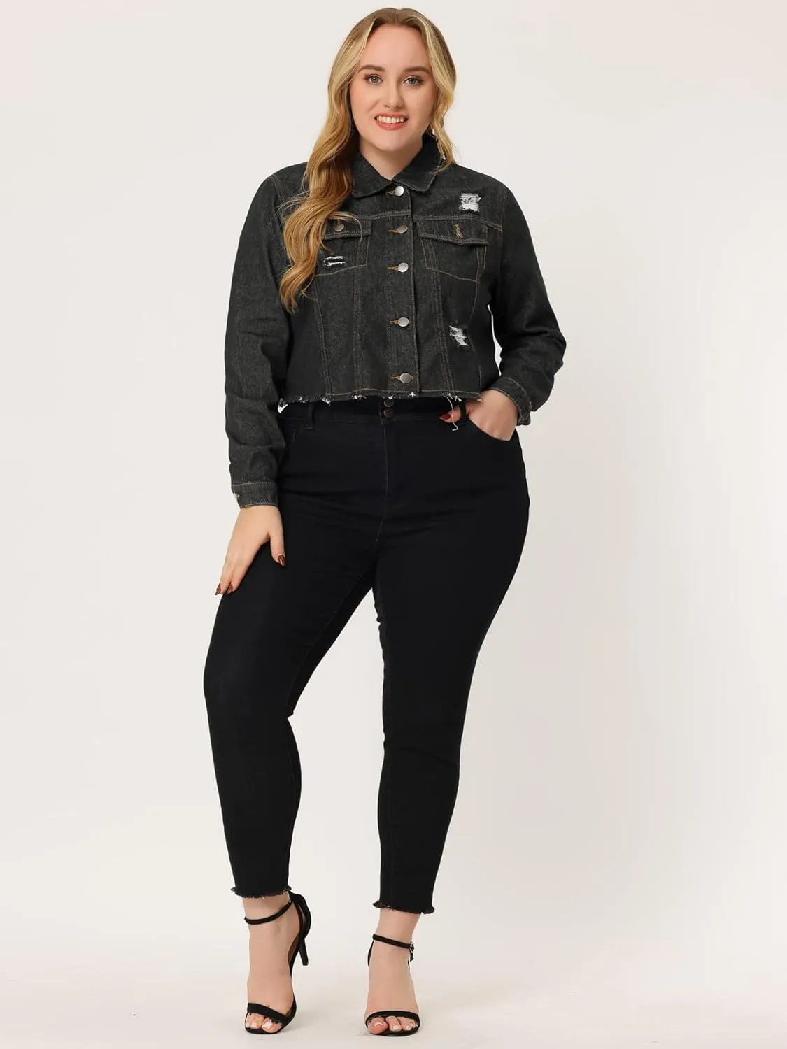 Agnes Orinda Women's Plus Size Denim Jackets Washed Button Front Long Sleeve Ripped Frayed Crop Denim Jacket