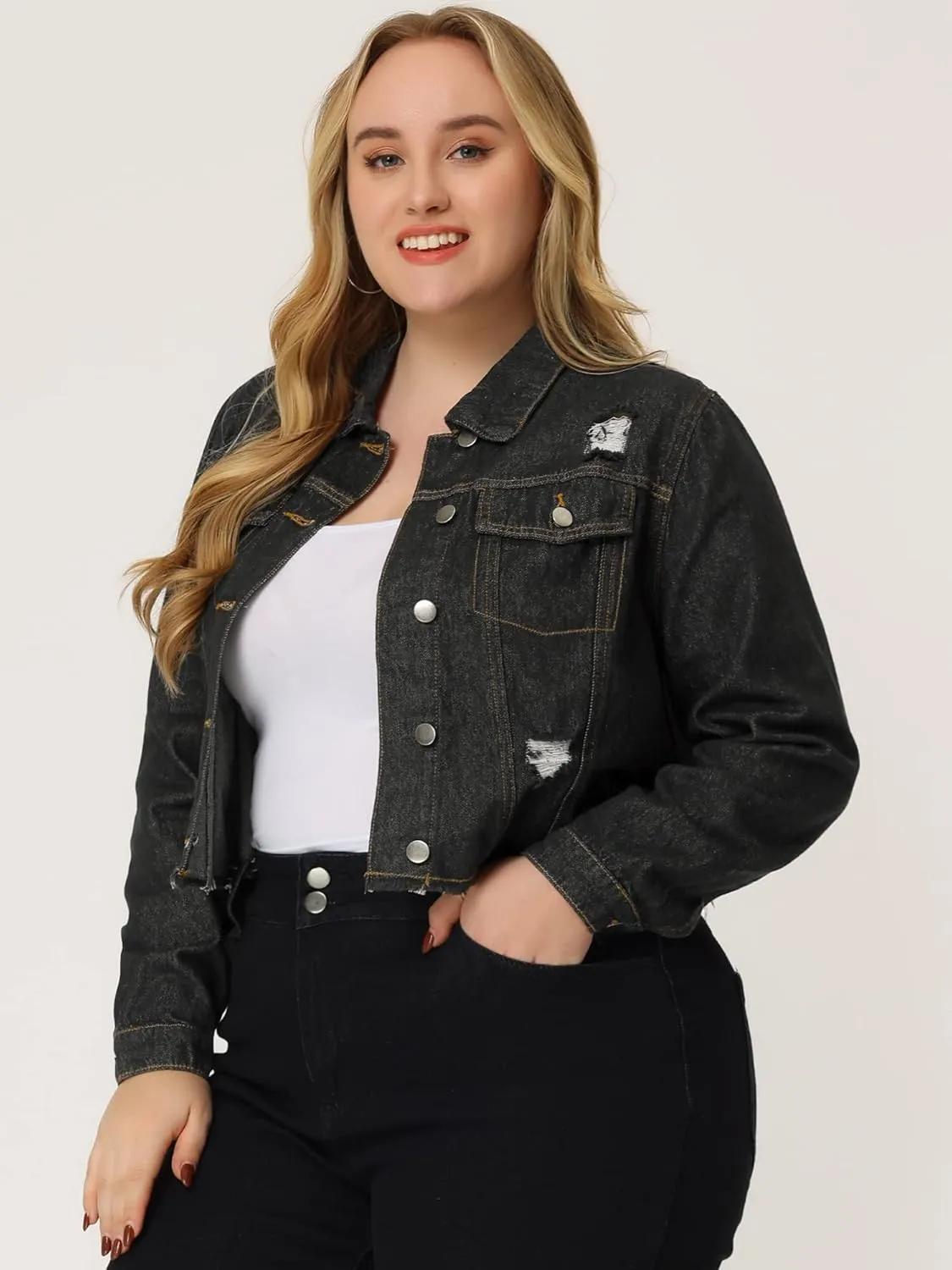 Agnes Orinda Women's Plus Size Denim Jackets Washed Button Front Long Sleeve Ripped Frayed Crop Denim Jacket
