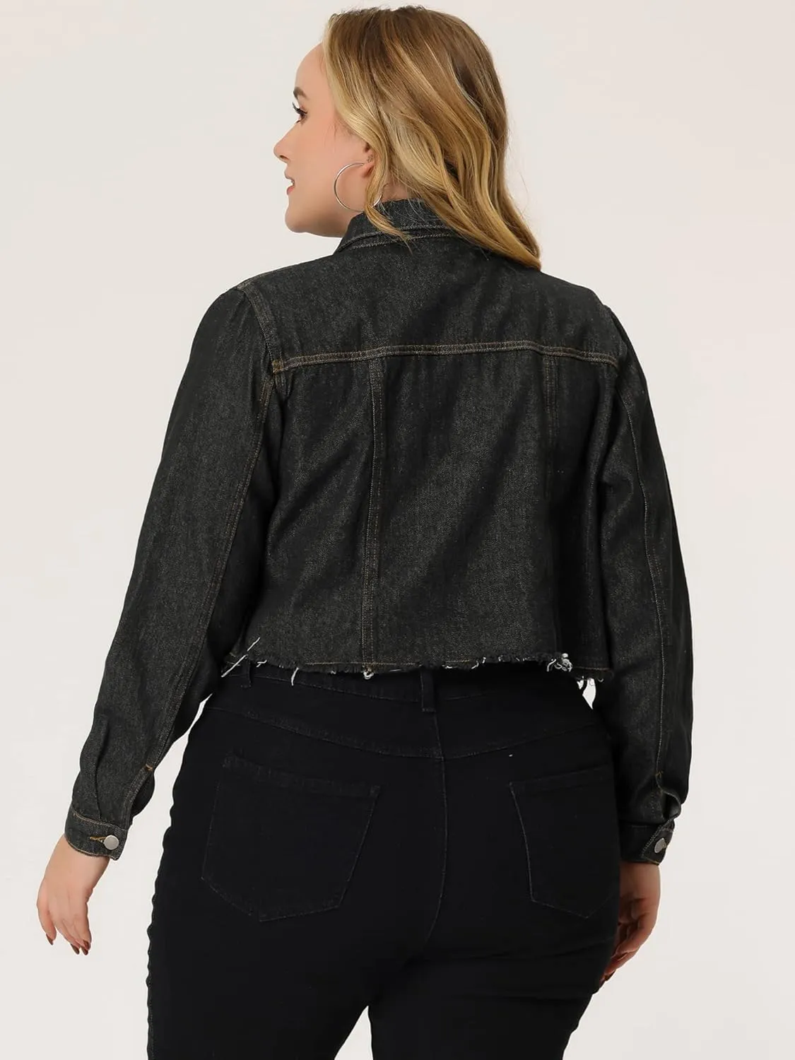 Agnes Orinda Women's Plus Size Denim Jackets Washed Button Front Long Sleeve Ripped Frayed Crop Denim Jacket