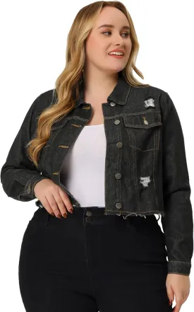 Agnes Orinda Women's Plus Size Denim Jackets Washed Button Front Long Sleeve Ripped Frayed Crop Denim Jacket
