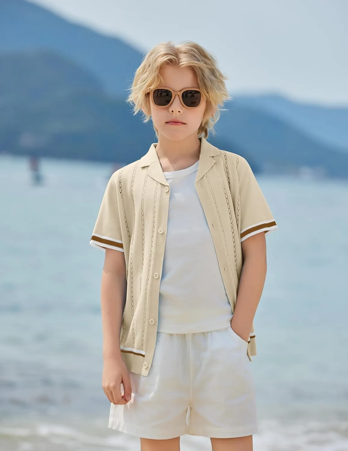 Arshiner Boys Knit Shirts Short Sleeve Button Down Shirt Vintage Fashion Casual Summer Beach Shirts for Kids 5-13 Years
