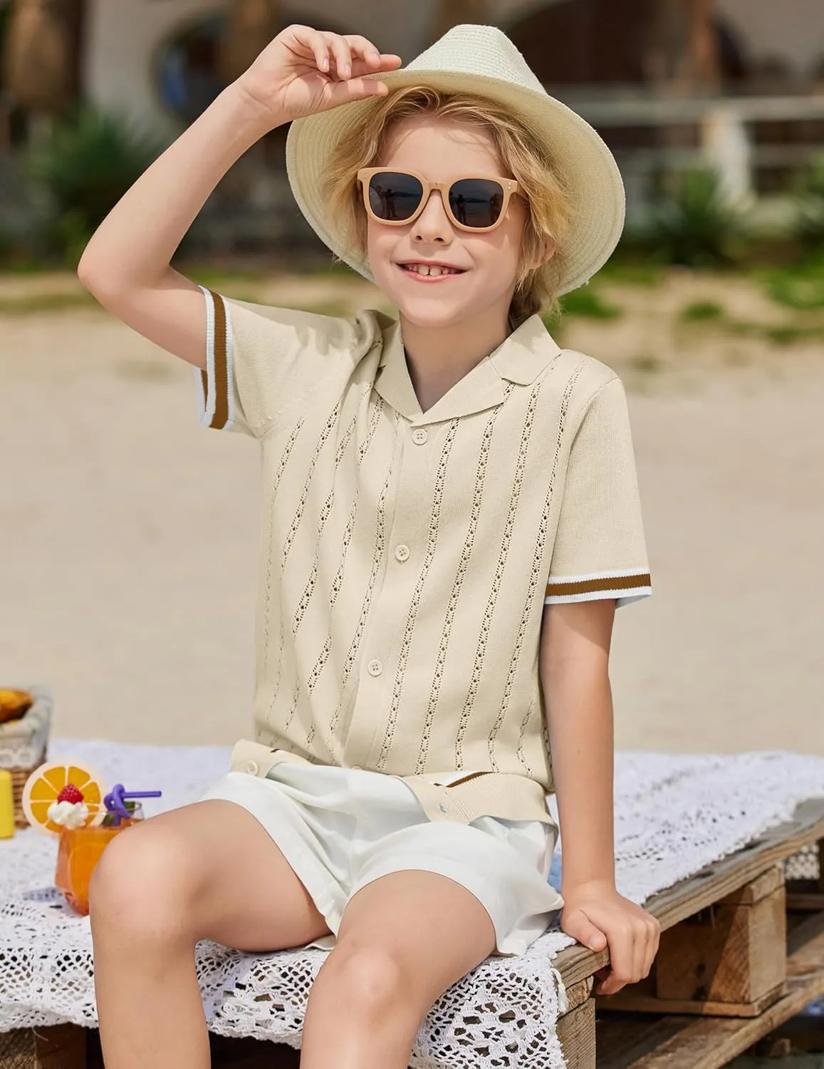 Arshiner Boys Knit Shirts Short Sleeve Button Down Shirt Vintage Fashion Casual Summer Beach Shirts for Kids 5-13 Years