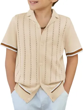 Arshiner Boys Knit Shirts Short Sleeve Button Down Shirt Vintage Fashion Casual Summer Beach Shirts for Kids 5-13 Years
