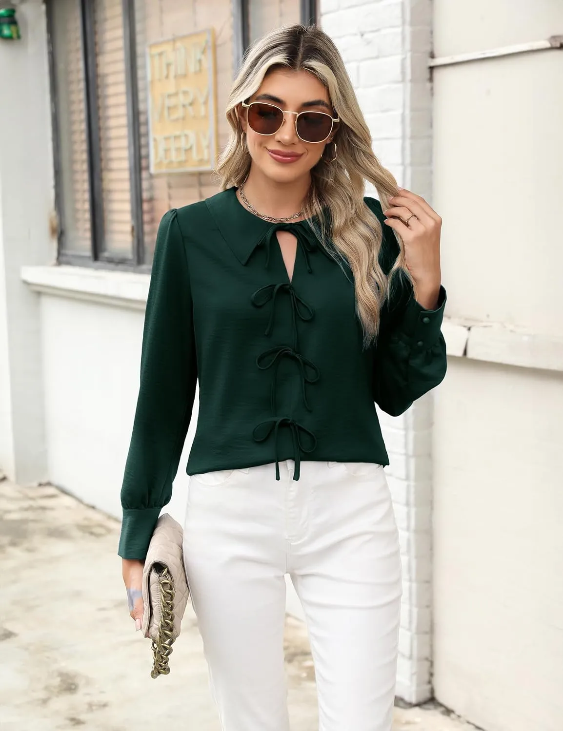 Blooming Jelly Women's Dressy Casual Blouses Business Work Tops Tie Front Long Sleeve Shirts 2025 Fall Outfits