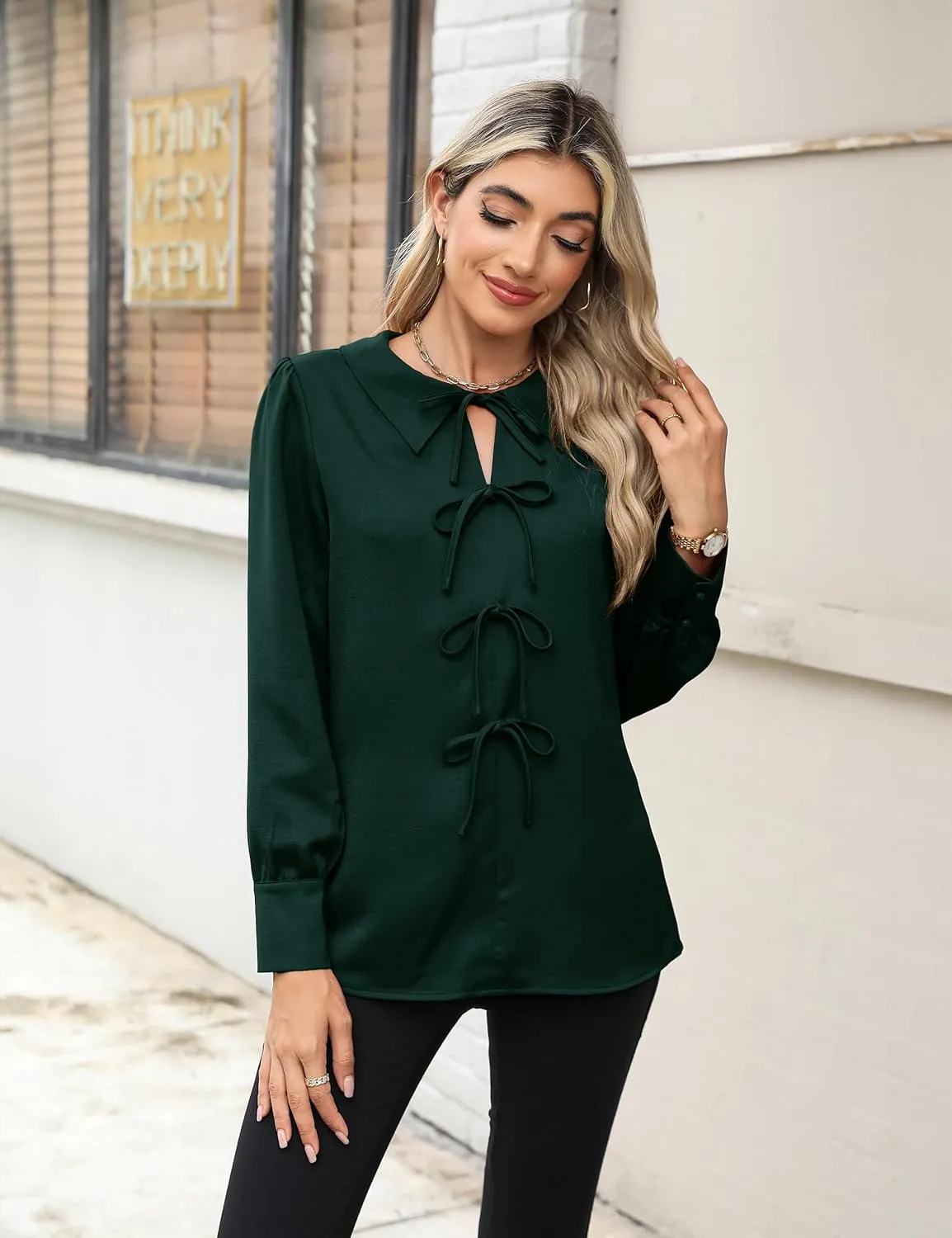 Blooming Jelly Women's Dressy Casual Blouses Business Work Tops Tie Front Long Sleeve Shirts 2025 Fall Outfits