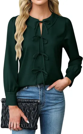 Blooming Jelly Women's Dressy Casual Blouses Business Work Tops Tie Front Long Sleeve Shirts 2025 Fall Outfits