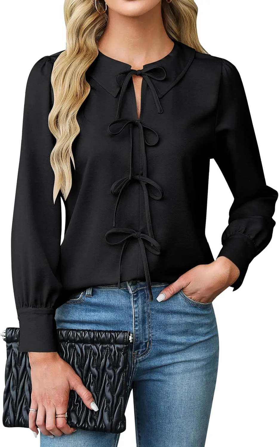 Blooming Jelly Women's Dressy Casual Blouses Business Work Tops Tie Front Long Sleeve Shirts 2025 Fall Outfits