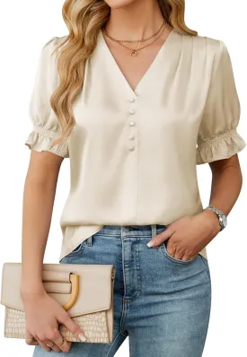 BMJL Womens Blouses Dressy Casual Satin V Neck Short Sleeve Shirts Business Casual Tops for Women