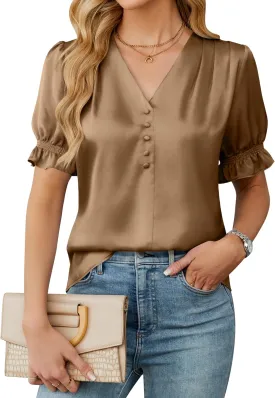 BMJL Womens Blouses Dressy Casual Satin V Neck Short Sleeve Shirts Business Casual Tops for Women