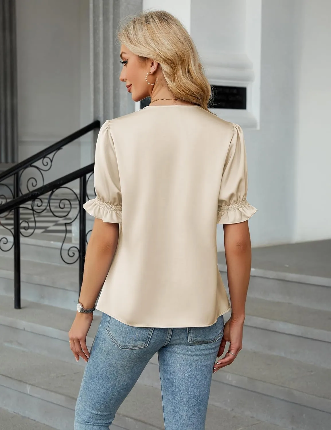 BMJL Womens Blouses Dressy Casual Satin V Neck Short Sleeve Shirts Business Casual Tops for Women