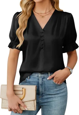 BMJL Womens Blouses Dressy Casual Satin V Neck Short Sleeve Shirts Business Casual Tops for Women
