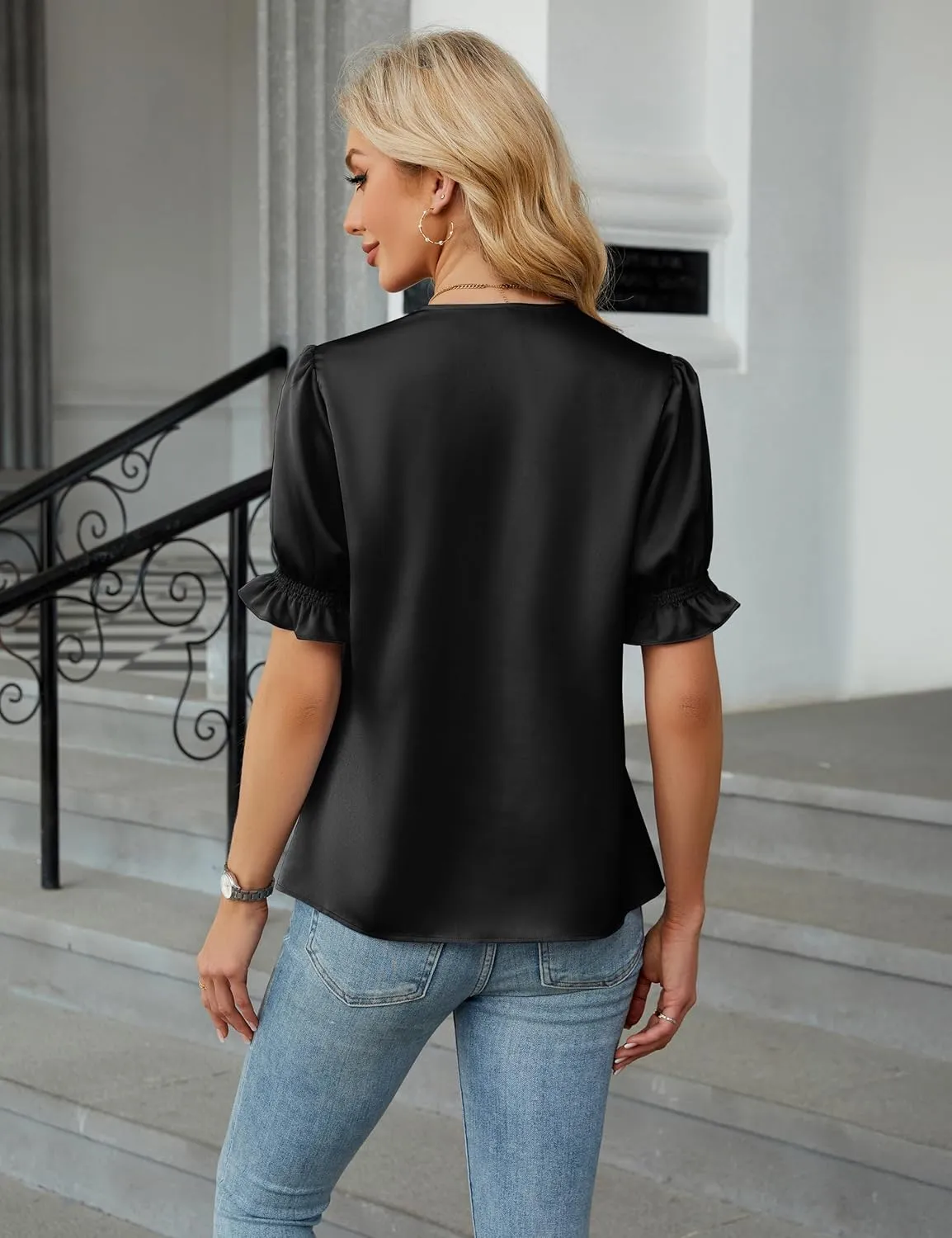 BMJL Womens Blouses Dressy Casual Satin V Neck Short Sleeve Shirts Business Casual Tops for Women