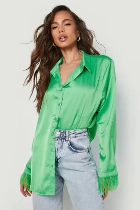 Boohoo Feathered Cuff Satin Shirt, Green