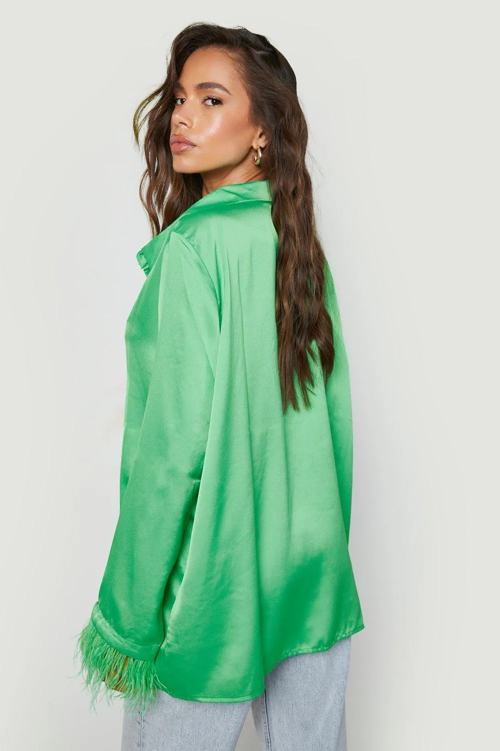 Boohoo Feathered Cuff Satin Shirt, Green