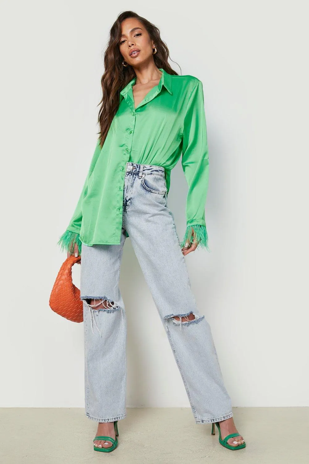 Boohoo Feathered Cuff Satin Shirt, Green