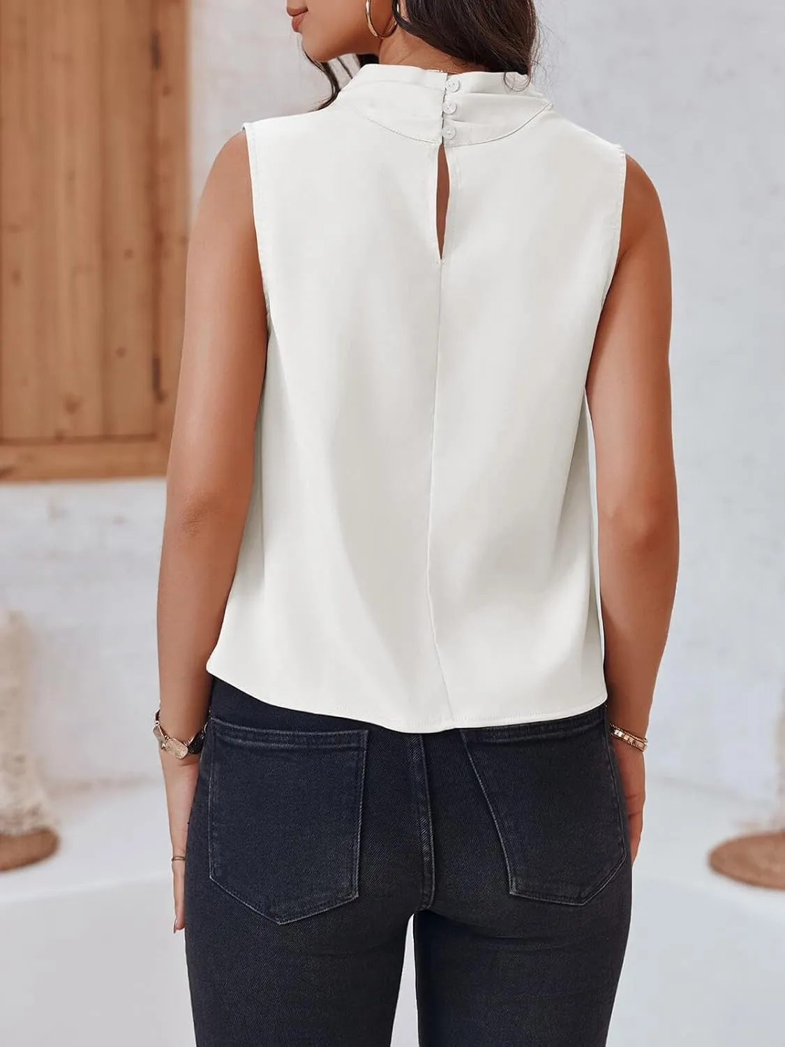 Cicy Bell Womens Mock Neck Satin Tank Tops Sleeveless Ruched Dressy Casual Summer Shirt Blouses