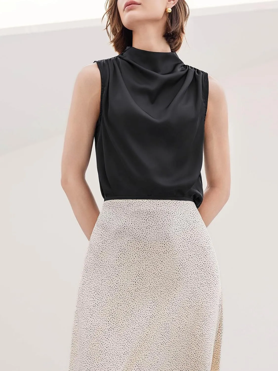 Cicy Bell Womens Mock Neck Satin Tank Tops Sleeveless Ruched Dressy Casual Summer Shirt Blouses