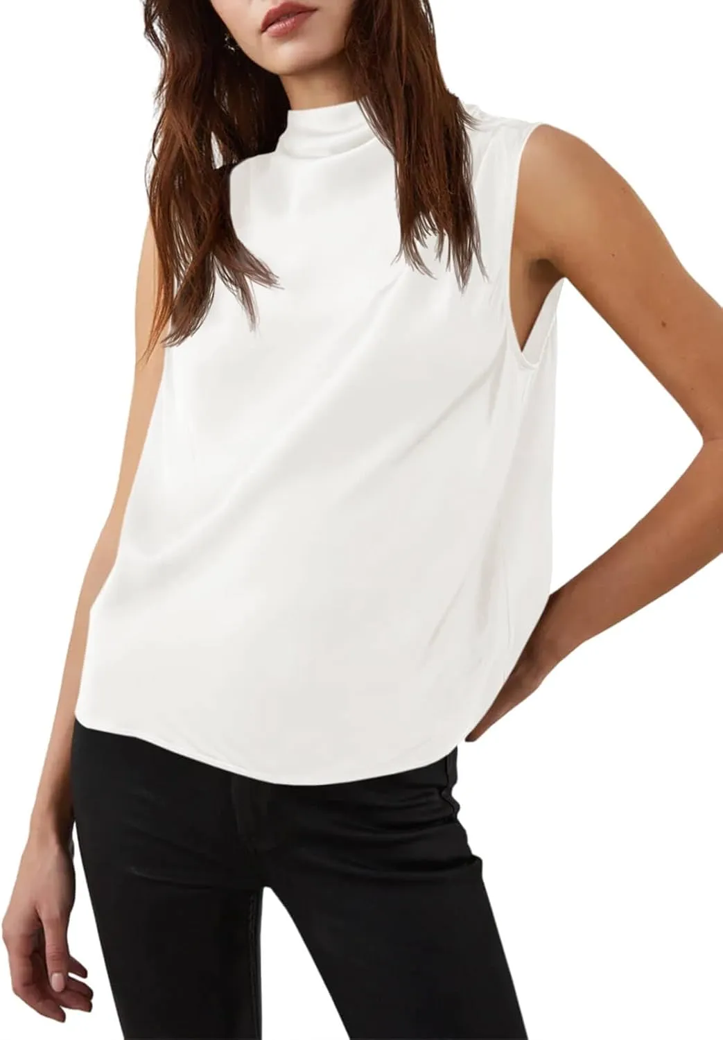 Cicy Bell Womens Mock Neck Satin Tank Tops Sleeveless Ruched Dressy Casual Summer Shirt Blouses