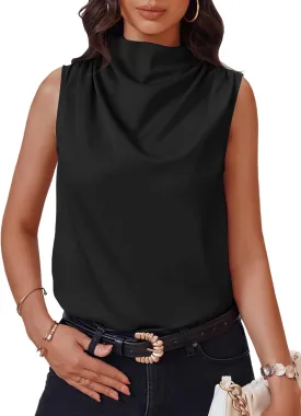 Cicy Bell Womens Mock Neck Satin Tank Tops Sleeveless Ruched Dressy Casual Summer Shirt Blouses