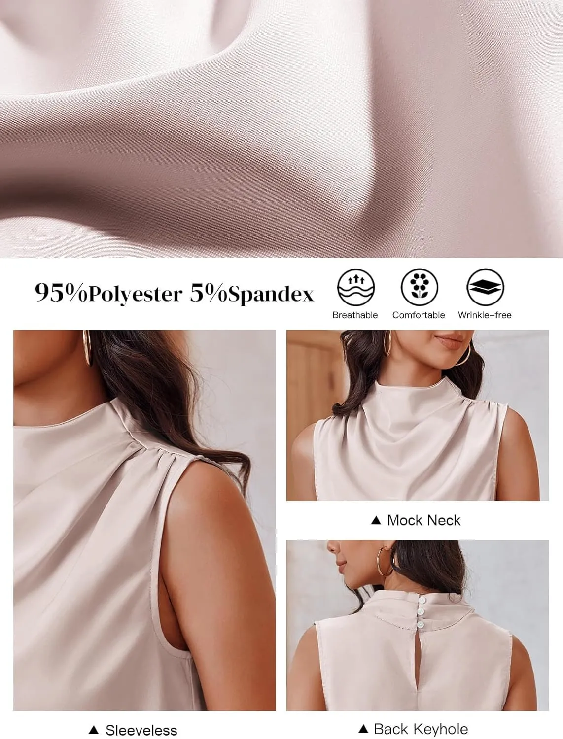 Cicy Bell Womens Mock Neck Satin Tank Tops Sleeveless Ruched Dressy Casual Summer Shirt Blouses