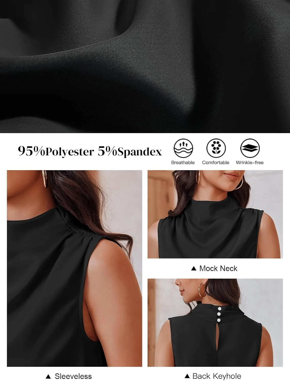 Cicy Bell Womens Mock Neck Satin Tank Tops Sleeveless Ruched Dressy Casual Summer Shirt Blouses