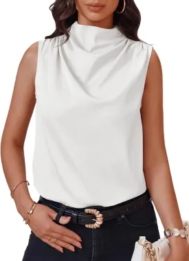 Cicy Bell Womens Mock Neck Satin Tank Tops Sleeveless Ruched Dressy Casual Summer Shirt Blouses