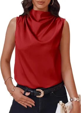 Cicy Bell Womens Mock Neck Satin Tank Tops Sleeveless Ruched Dressy Casual Summer Shirt Blouses