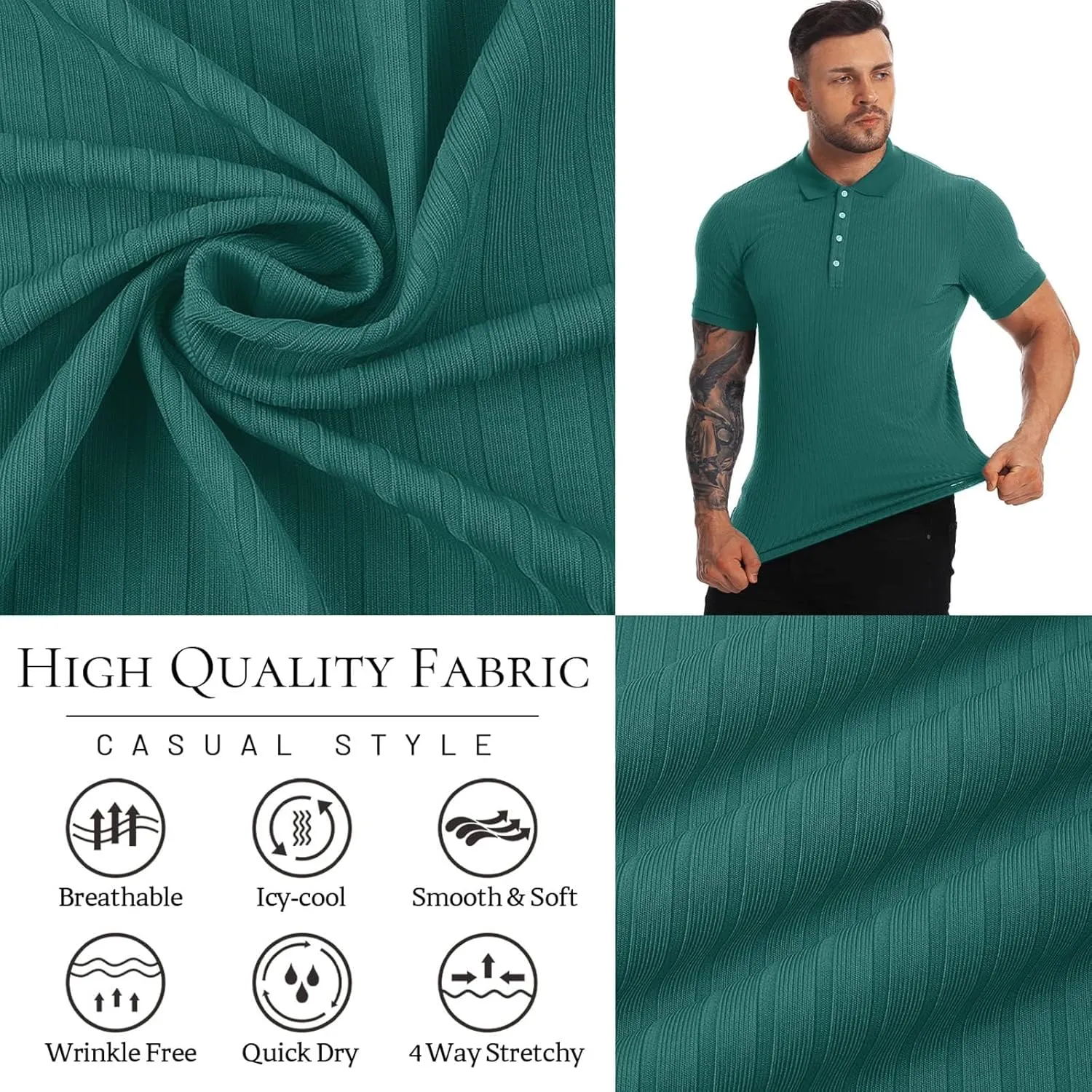 Collared Muscle Polo Shirts Men Slim Fit Textured Knit Polo Shirts Short Sleeve Button Down Shirts Casual Stylish