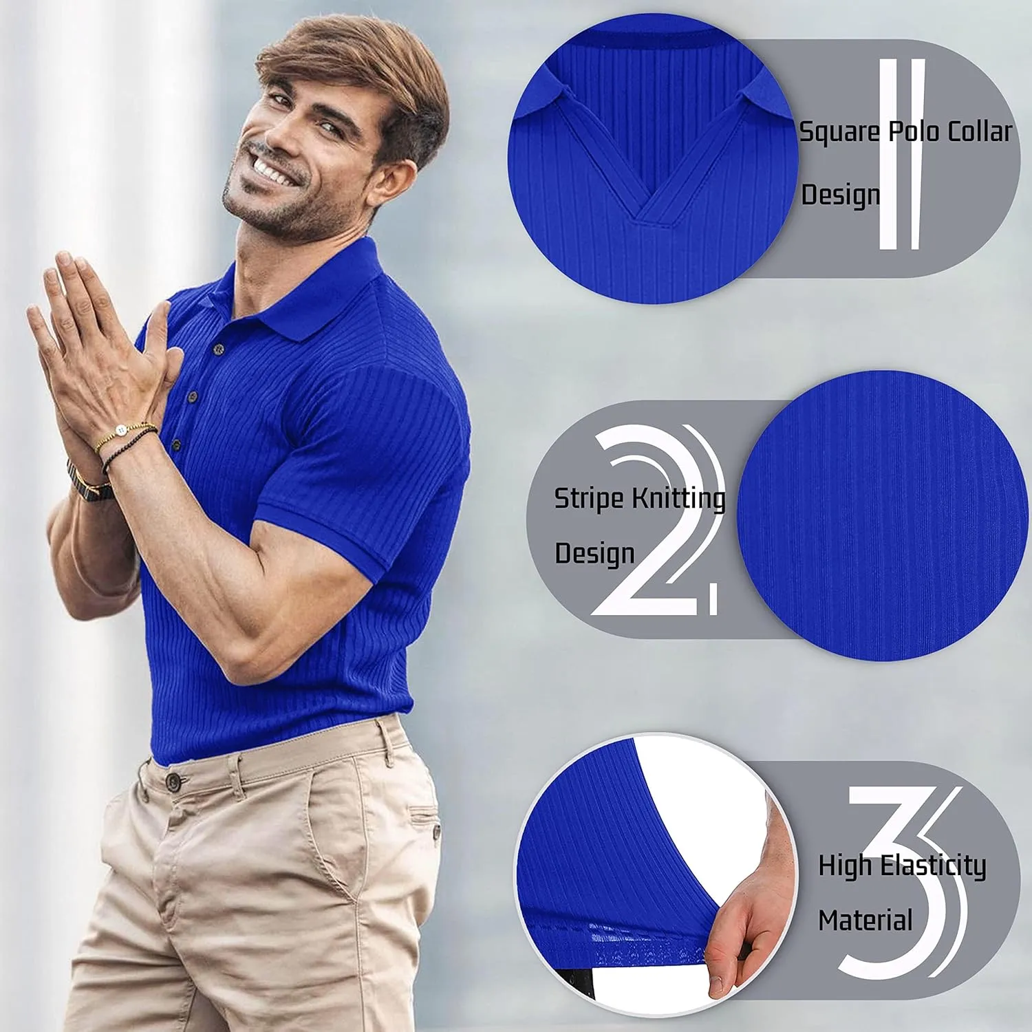 Collared Muscle Polo Shirts Men Slim Fit Textured Knit Polo Shirts Short Sleeve Button Down Shirts Casual Stylish