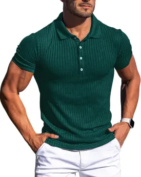 Collared Muscle Polo Shirts Men Slim Fit Textured Knit Polo Shirts Short Sleeve Button Down Shirts Casual Stylish