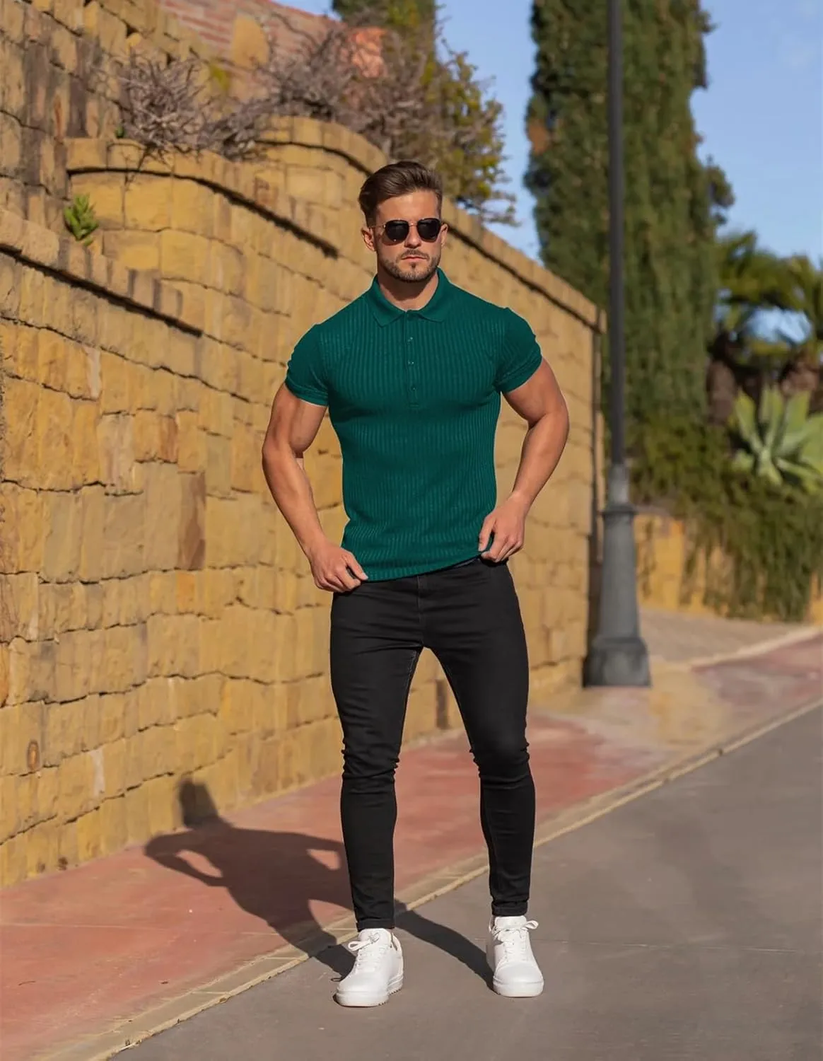 Collared Muscle Polo Shirts Men Slim Fit Textured Knit Polo Shirts Short Sleeve Button Down Shirts Casual Stylish