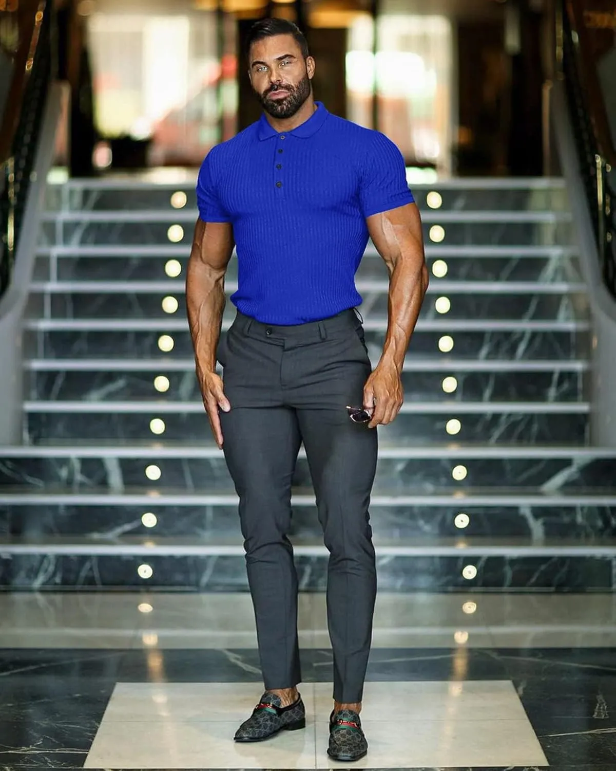 Collared Muscle Polo Shirts Men Slim Fit Textured Knit Polo Shirts Short Sleeve Button Down Shirts Casual Stylish