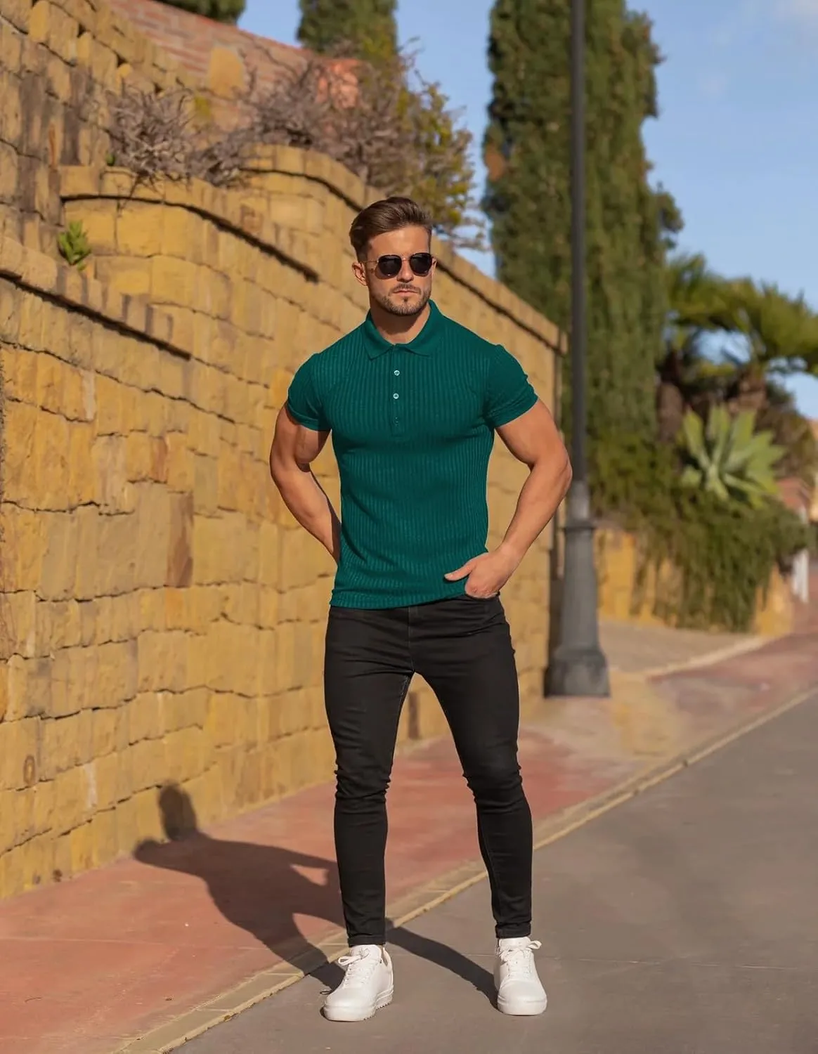 Collared Muscle Polo Shirts Men Slim Fit Textured Knit Polo Shirts Short Sleeve Button Down Shirts Casual Stylish