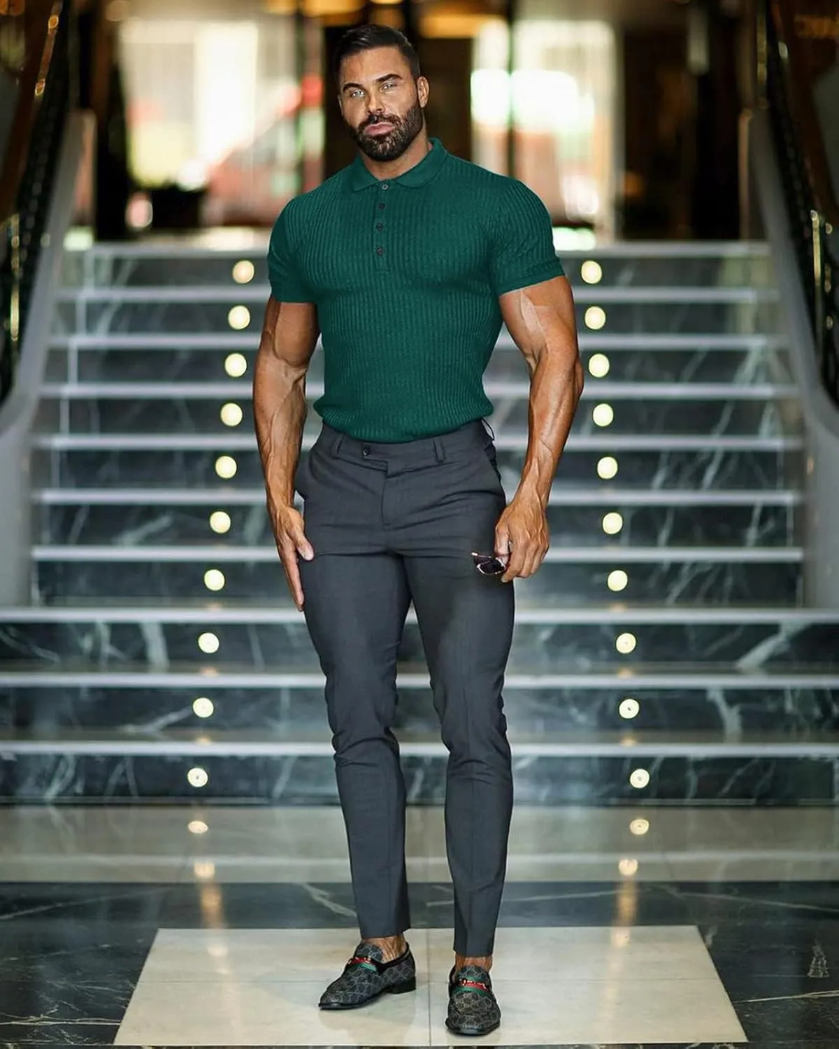 Collared Muscle Polo Shirts Men Slim Fit Textured Knit Polo Shirts Short Sleeve Button Down Shirts Casual Stylish