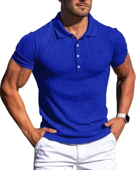 Collared Muscle Polo Shirts Men Slim Fit Textured Knit Polo Shirts Short Sleeve Button Down Shirts Casual Stylish