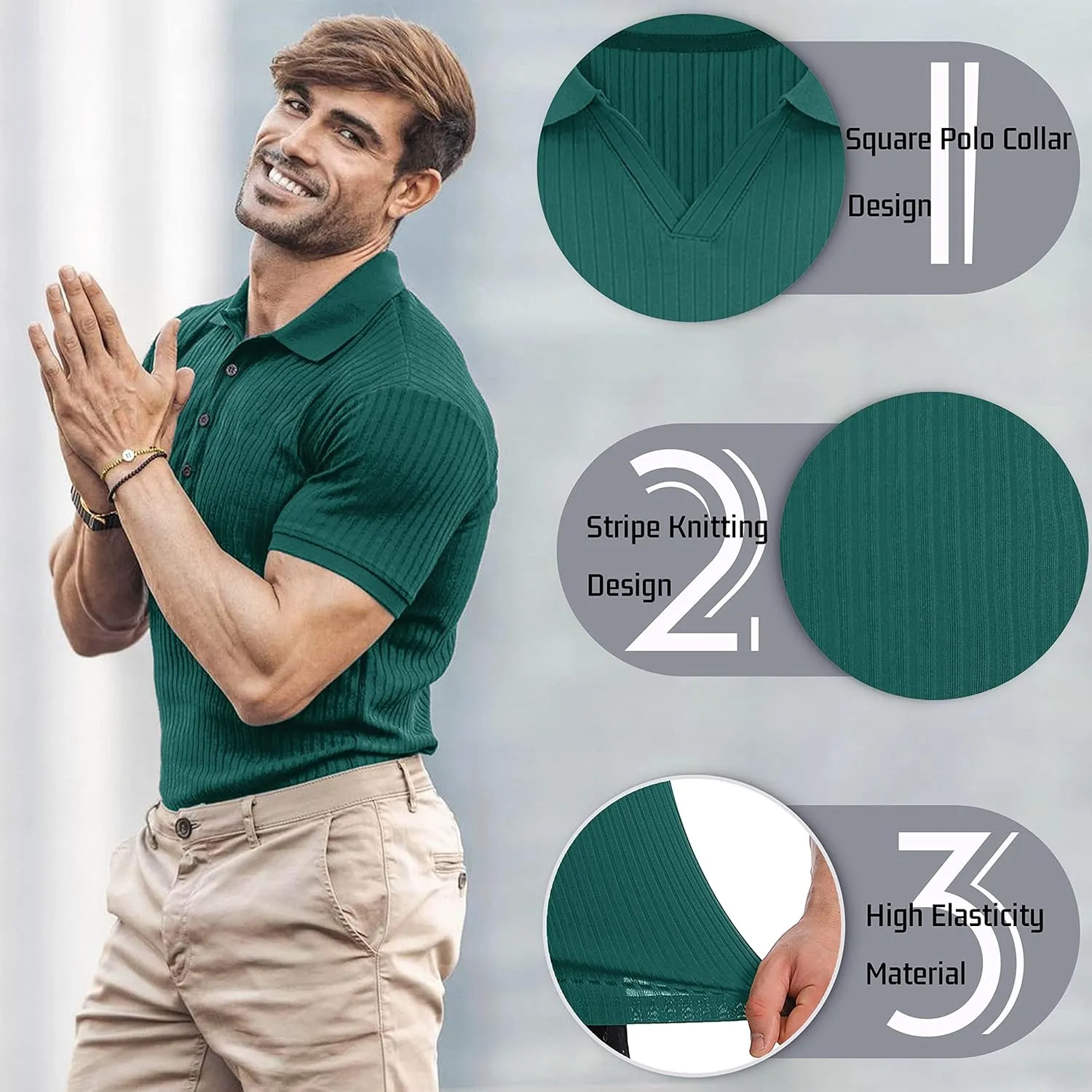 Collared Muscle Polo Shirts Men Slim Fit Textured Knit Polo Shirts Short Sleeve Button Down Shirts Casual Stylish