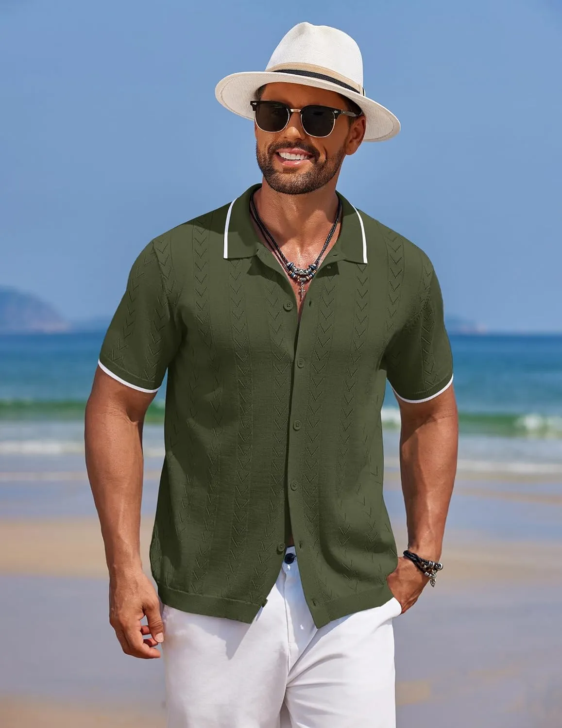 COOFANDY Mens Knit Polo Shirts Button Down Short Sleeve Shirt Summer Casual Beach Vacation Tops