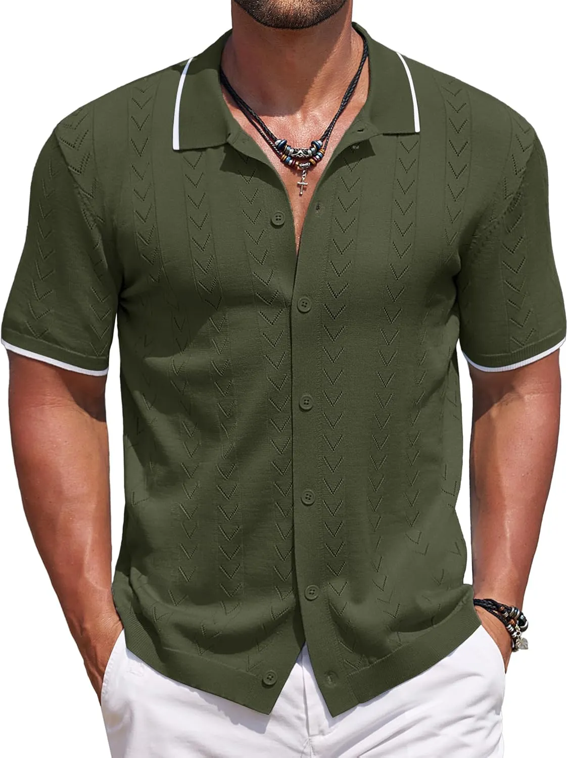 COOFANDY Mens Knit Polo Shirts Button Down Short Sleeve Shirt Summer Casual Beach Vacation Tops
