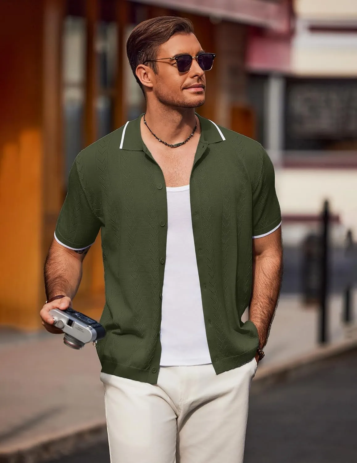 COOFANDY Mens Knit Polo Shirts Button Down Short Sleeve Shirt Summer Casual Beach Vacation Tops