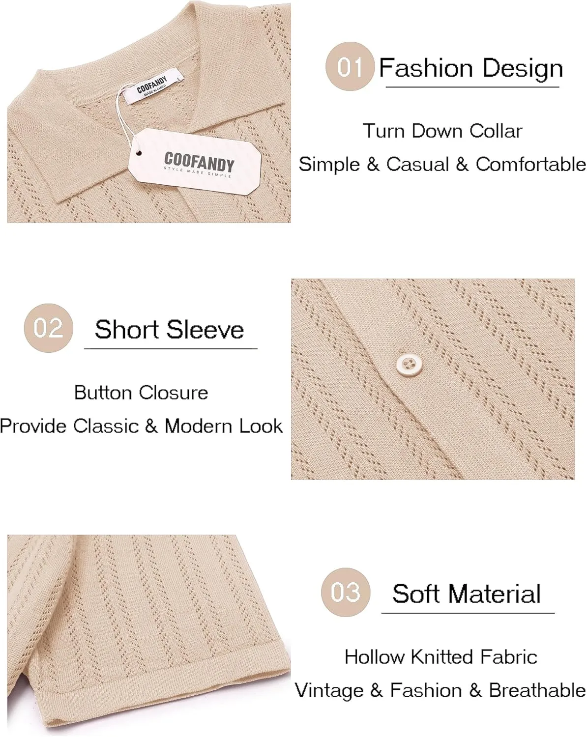 COOFANDY Men's Knit Shirts Short Sleeve Button Down Polo Shirt Crochet Casual Vintage Summer Beach Shirts