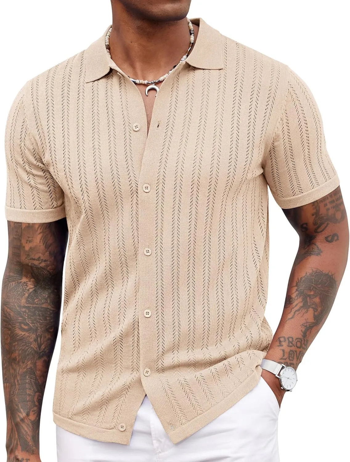 COOFANDY Men's Knit Shirts Short Sleeve Button Down Polo Shirt Crochet Casual Vintage Summer Beach Shirts