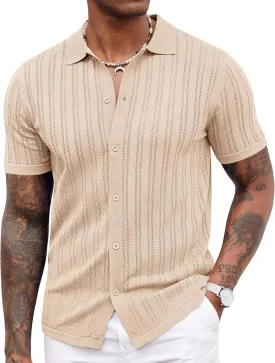 COOFANDY Men's Knit Shirts Short Sleeve Button Down Polo Shirt Crochet Casual Vintage Summer Beach Shirts
