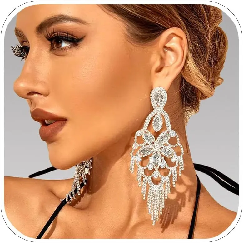 Costume Silver Chandelier Earrings for Women Dangling Trendy Bling Large Rhinestone Earrings Formal Jewelry