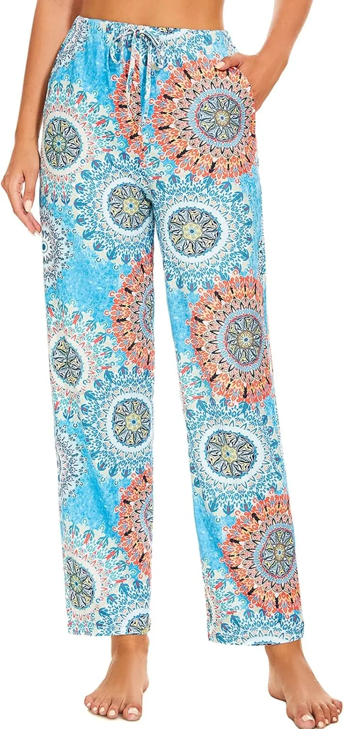 Devirld Women's Lounge Pants, Straight-Leg Loose Pajama Pants for Women Flowy Wide Leg Palazzo Trousers with Pockets