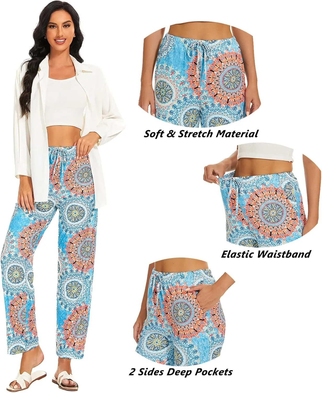 Devirld Women's Lounge Pants, Straight-Leg Loose Pajama Pants for Women Flowy Wide Leg Palazzo Trousers with Pockets