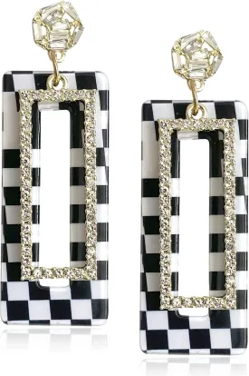 Elegant 60s 70s Vintage Black And White Acrylic Grid Dangle Drop Earrings Dainty Chic Sparkly Crystal Hollow Resin Rectangle Geometry Stud Earring for Women