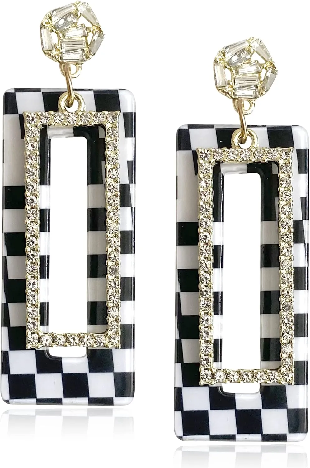 Elegant 60s 70s Vintage Black And White Acrylic Grid Dangle Drop Earrings Dainty Chic Sparkly Crystal Hollow Resin Rectangle Geometry Stud Earring for Women