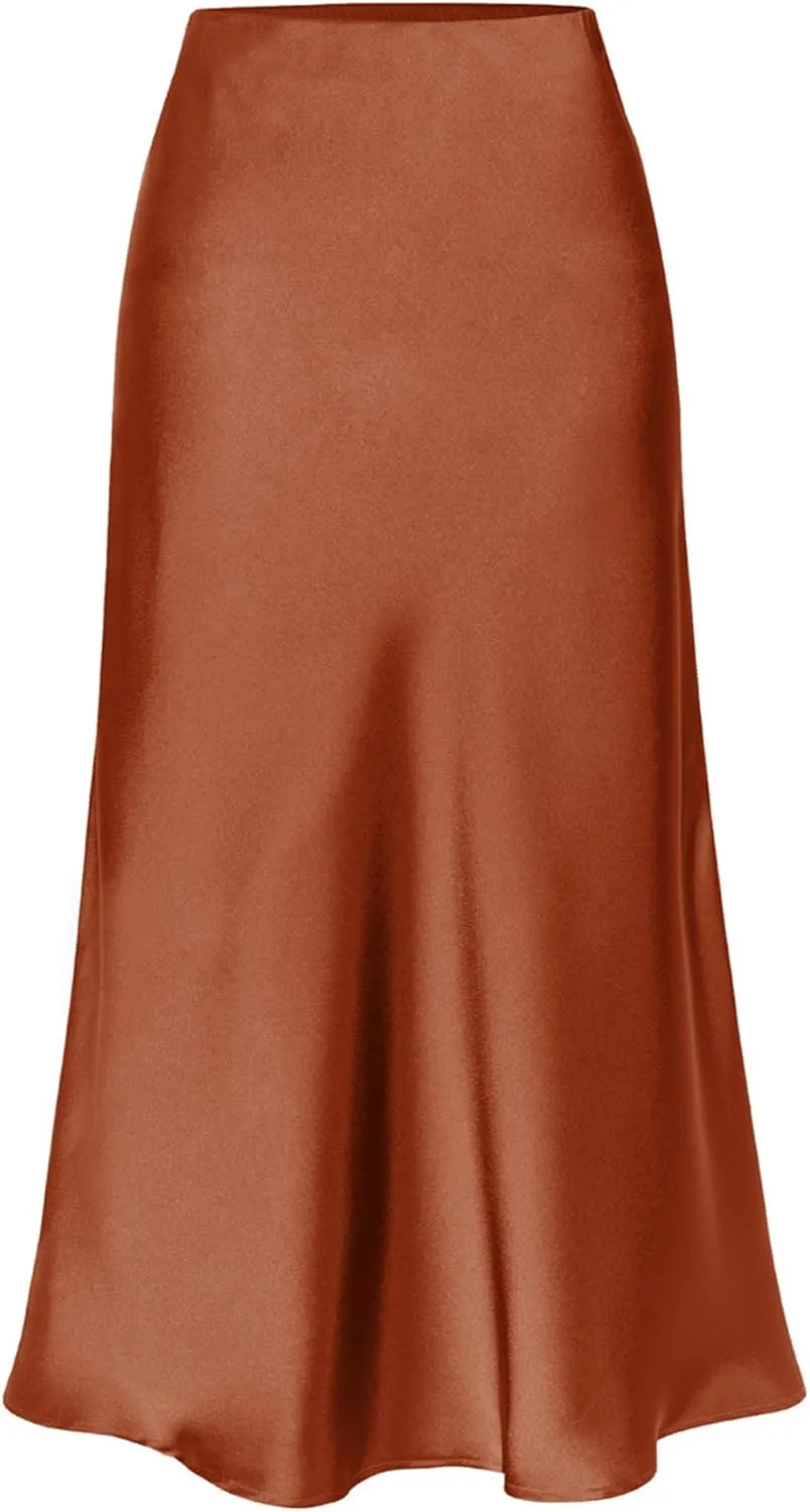 Ezcosplay Women Satin Midi Skirt High Elastic Waisted Satin Slip Skirts Casual Silk Skirt with Slit