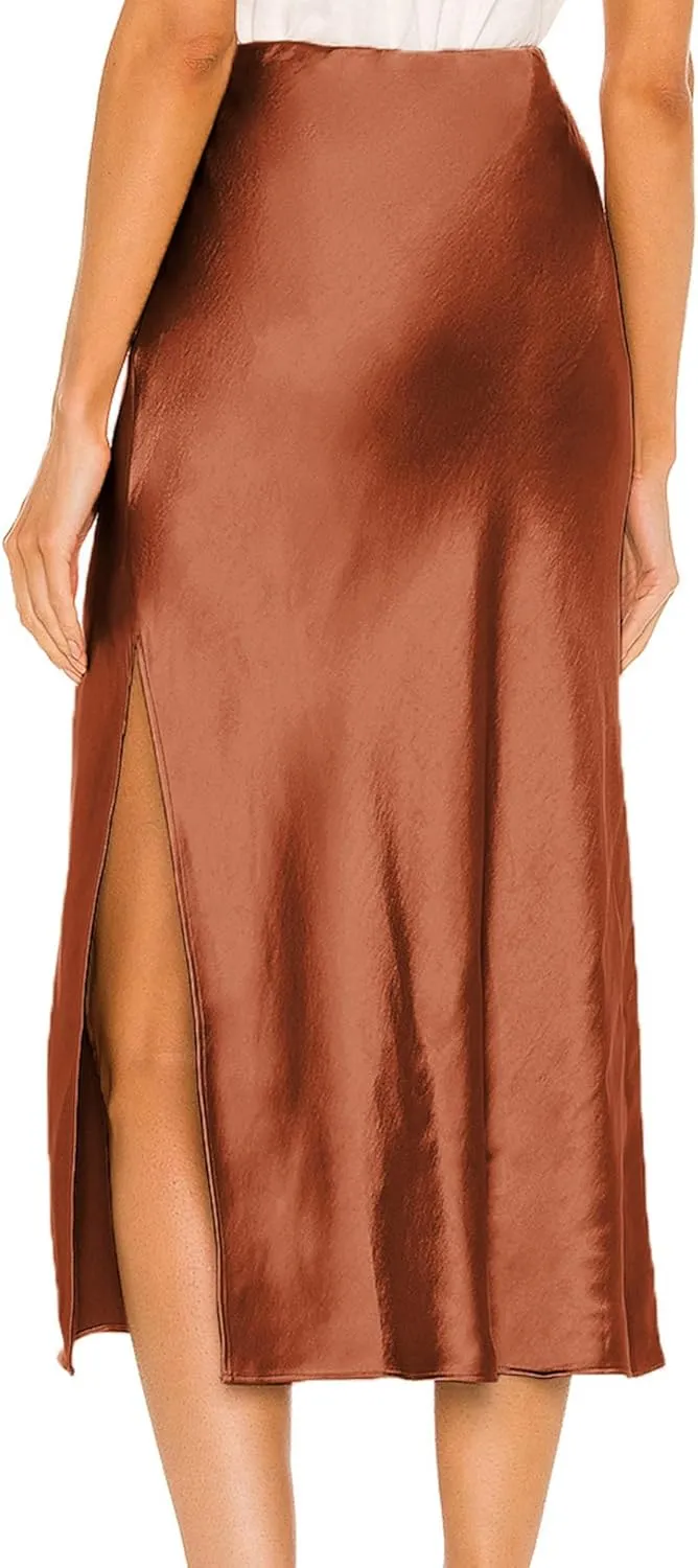 Ezcosplay Women Satin Midi Skirt High Elastic Waisted Satin Slip Skirts Casual Silk Skirt with Slit
